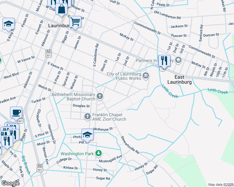 map of restaurants, bars, coffee shops, grocery stores, and more near 605 East Vance Street in Laurinburg