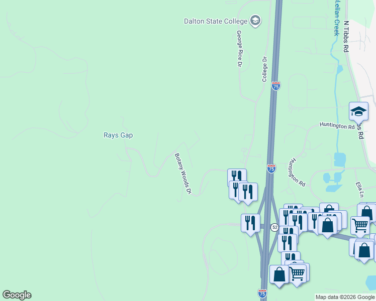 map of restaurants, bars, coffee shops, grocery stores, and more near 2547 Ravine Way in Dalton