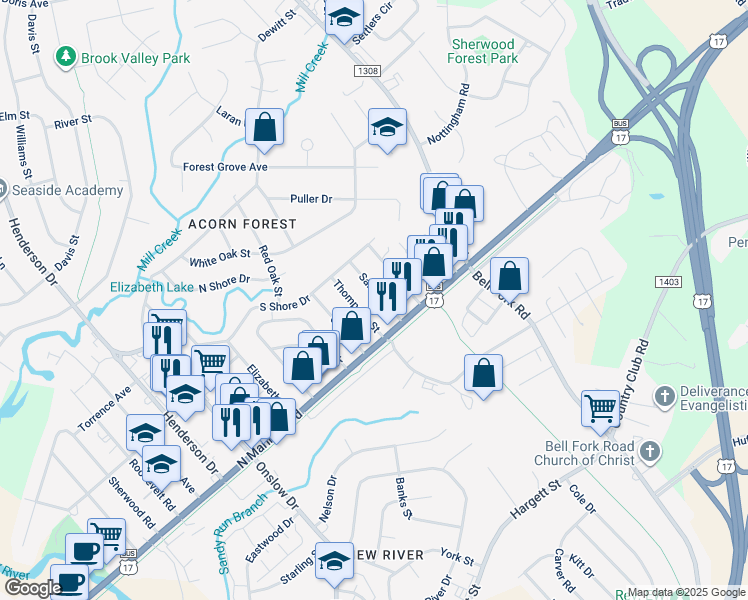 map of restaurants, bars, coffee shops, grocery stores, and more near 115 Sanders Street in Jacksonville
