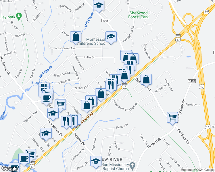 map of restaurants, bars, coffee shops, grocery stores, and more near 115 Sanders Street in Jacksonville