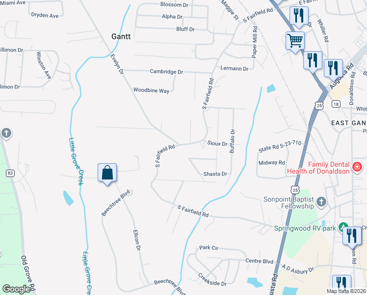 map of restaurants, bars, coffee shops, grocery stores, and more near 37 Evelyn Drive in Greenville