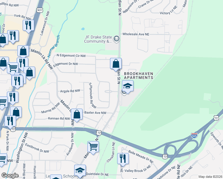 map of restaurants, bars, coffee shops, grocery stores, and more near 207 North Plymouth Road Northwest in Huntsville