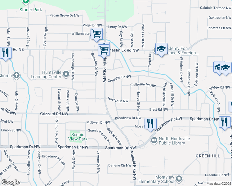 map of restaurants, bars, coffee shops, grocery stores, and more near 3211 Howard Street Northwest in Huntsville