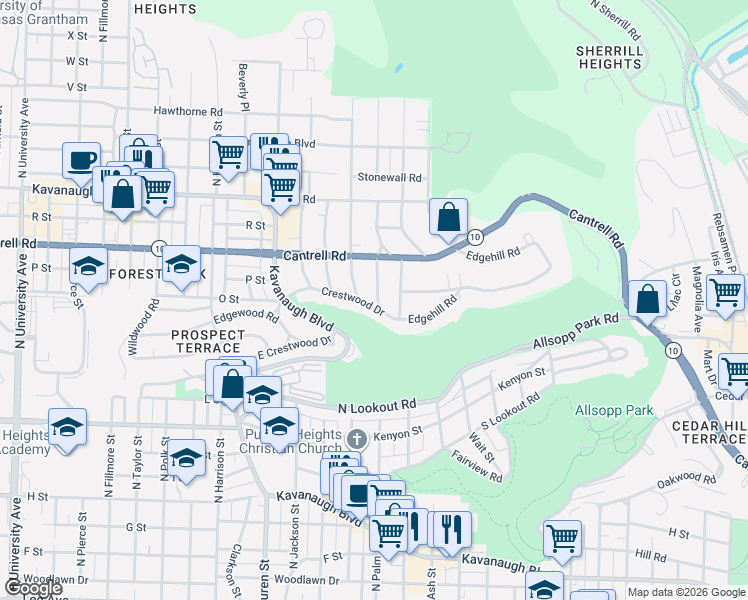 map of restaurants, bars, coffee shops, grocery stores, and more near 1701 North Palm Street in Little Rock