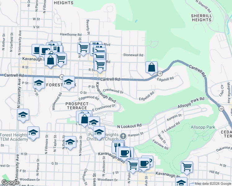 map of restaurants, bars, coffee shops, grocery stores, and more near 1714 North Spruce Street in Little Rock