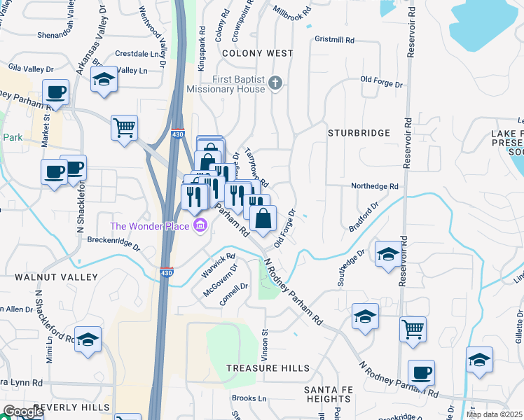 map of restaurants, bars, coffee shops, grocery stores, and more near 1604 Tarrytown Road in Little Rock