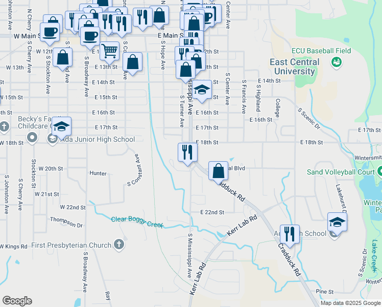 map of restaurants, bars, coffee shops, grocery stores, and more near 729 South Turner Avenue in Ada