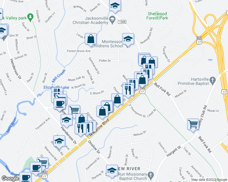 map of restaurants, bars, coffee shops, grocery stores, and more near 121 Thompson Street in Jacksonville