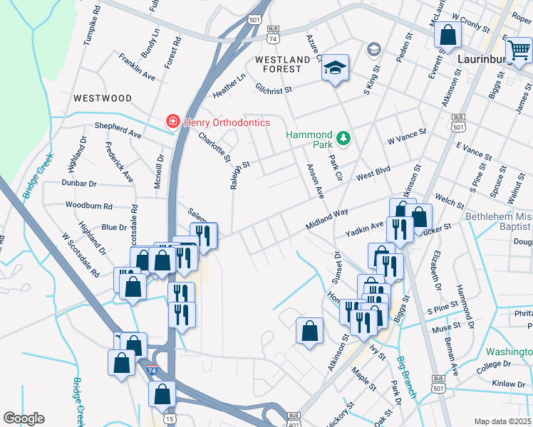 map of restaurants, bars, coffee shops, grocery stores, and more near 808 West Boulevard in Laurinburg