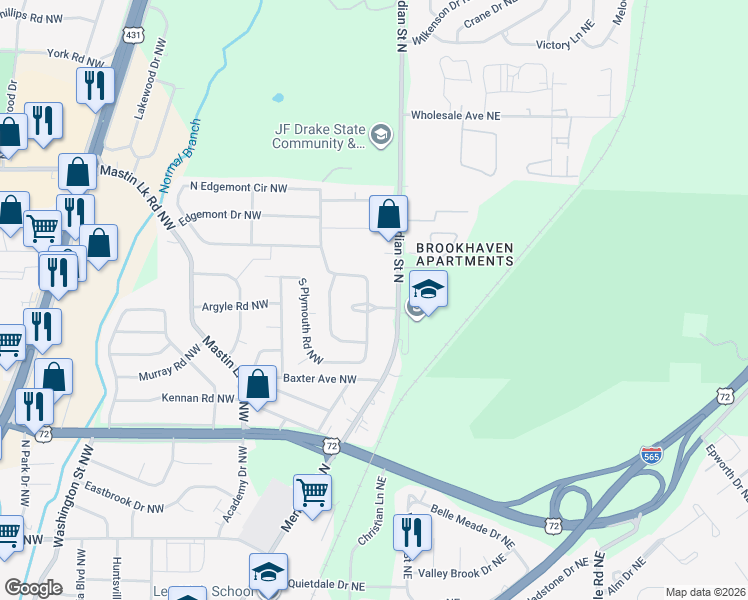 map of restaurants, bars, coffee shops, grocery stores, and more near 207 North Plymouth Road Northwest in Huntsville