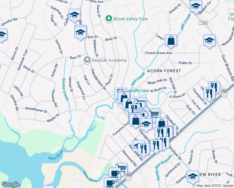 map of restaurants, bars, coffee shops, grocery stores, and more near 1004 River Street in Jacksonville