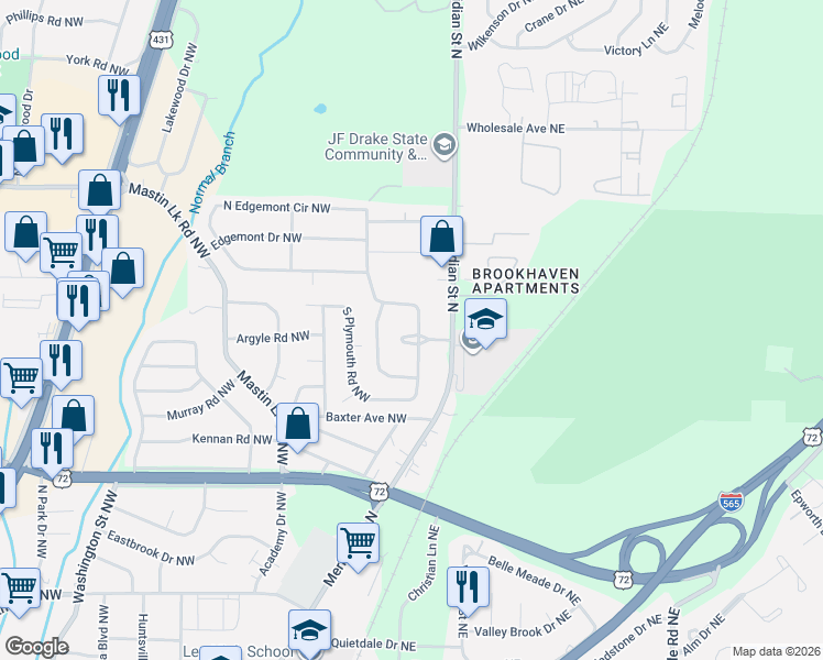 map of restaurants, bars, coffee shops, grocery stores, and more near 207 North Plymouth Road Northwest in Huntsville