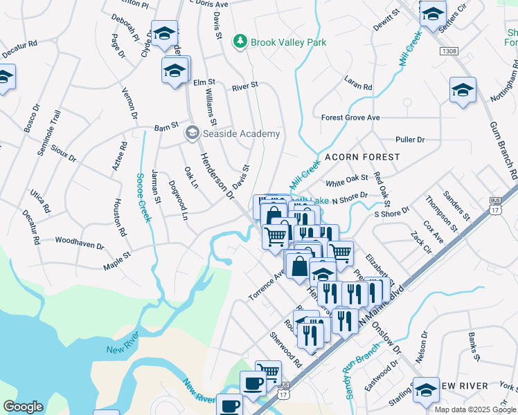 map of restaurants, bars, coffee shops, grocery stores, and more near 1004 River Street in Jacksonville