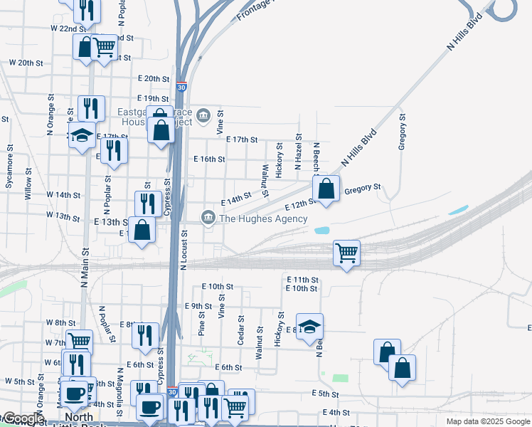 map of restaurants, bars, coffee shops, grocery stores, and more near 1002 East 13th Street in North Little Rock