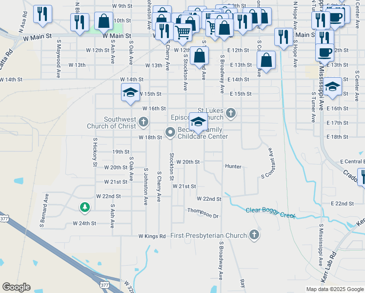 map of restaurants, bars, coffee shops, grocery stores, and more near 223 West 18th Street in Ada