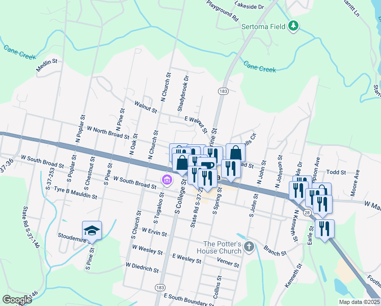 map of restaurants, bars, coffee shops, grocery stores, and more near 101 East North Broad Street in Walhalla