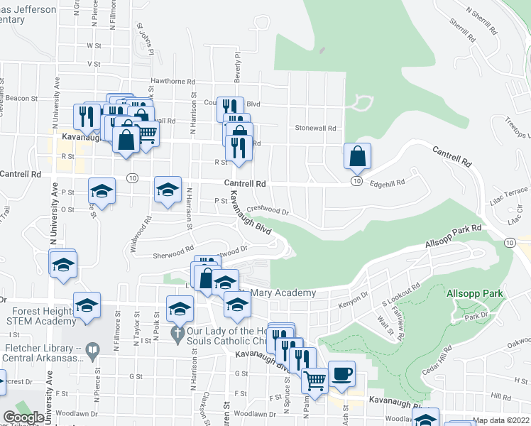 map of restaurants, bars, coffee shops, grocery stores, and more near 4907 Crestwood Drive in Little Rock