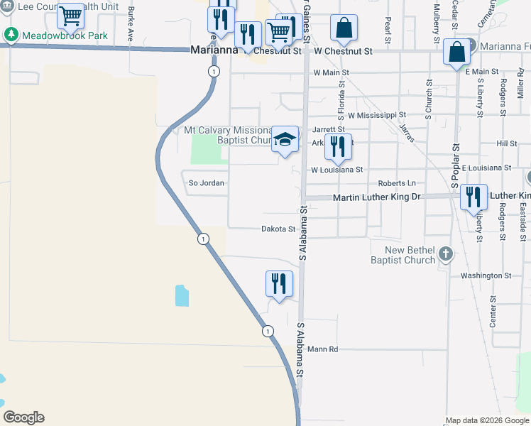 map of restaurants, bars, coffee shops, grocery stores, and more near 340 California Street in Marianna