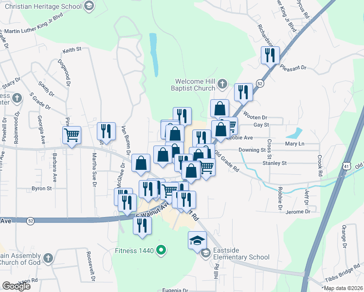 map of restaurants, bars, coffee shops, grocery stores, and more near 2545 East Walnut Avenue in Dalton