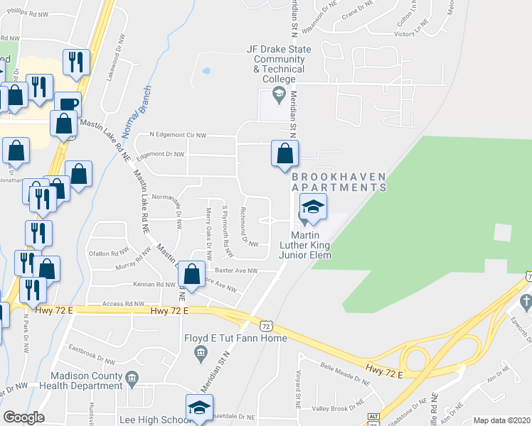 map of restaurants, bars, coffee shops, grocery stores, and more near 207 North Plymouth Road Northwest in Huntsville