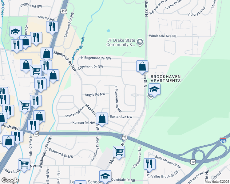 map of restaurants, bars, coffee shops, grocery stores, and more near 431 South Plymouth Road Northwest in Huntsville