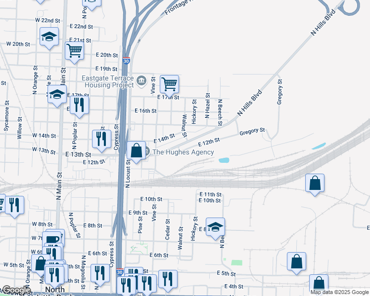 map of restaurants, bars, coffee shops, grocery stores, and more near 1002 East 13th Street in North Little Rock