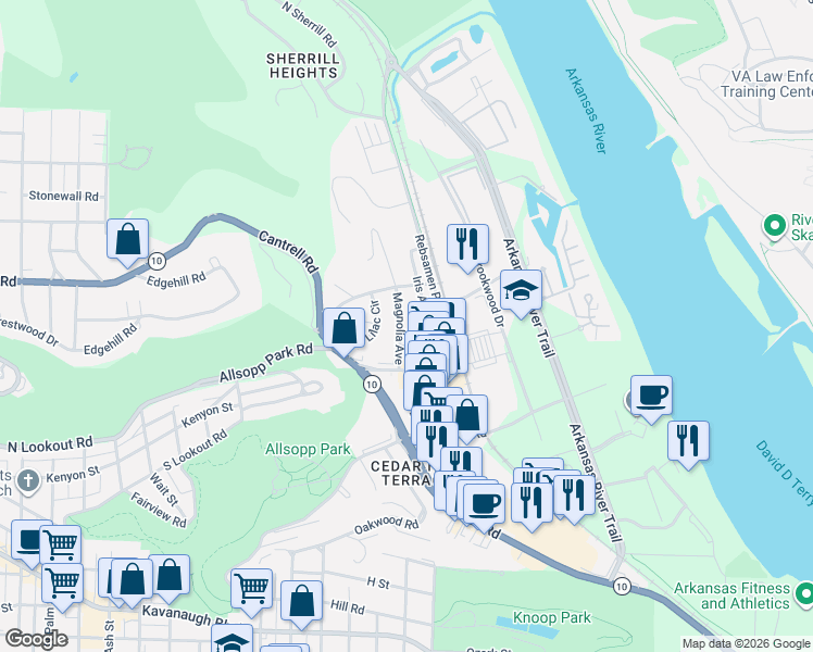 map of restaurants, bars, coffee shops, grocery stores, and more near 1712 Magnolia Avenue in Little Rock