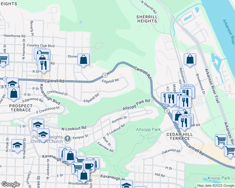 map of restaurants, bars, coffee shops, grocery stores, and more near 24 Edgehill Road in Little Rock