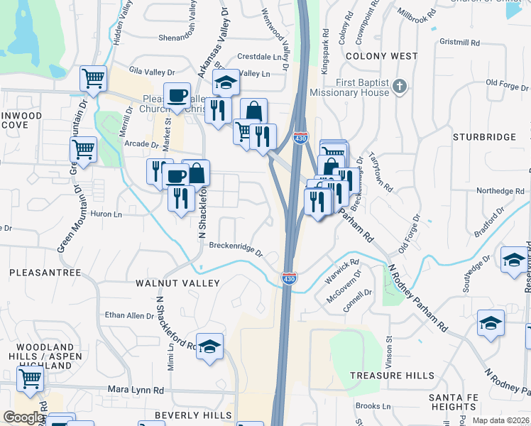 map of restaurants, bars, coffee shops, grocery stores, and more near 4 Cherry Valley Drive in Little Rock