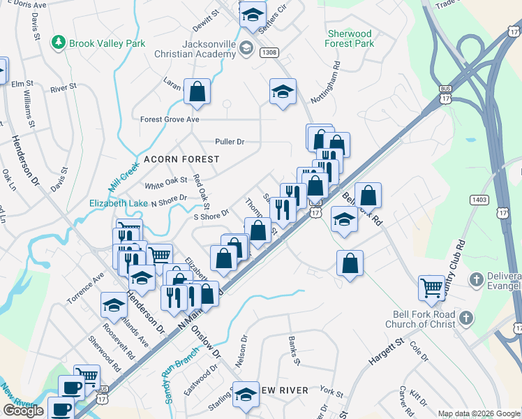 map of restaurants, bars, coffee shops, grocery stores, and more near 125 Sanders Street in Jacksonville