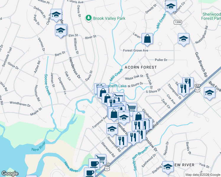 map of restaurants, bars, coffee shops, grocery stores, and more near 12 North Shore Drive in Jacksonville