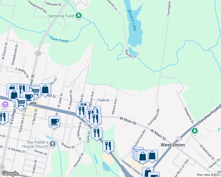 map of restaurants, bars, coffee shops, grocery stores, and more near 227 Moore Avenue in Walhalla