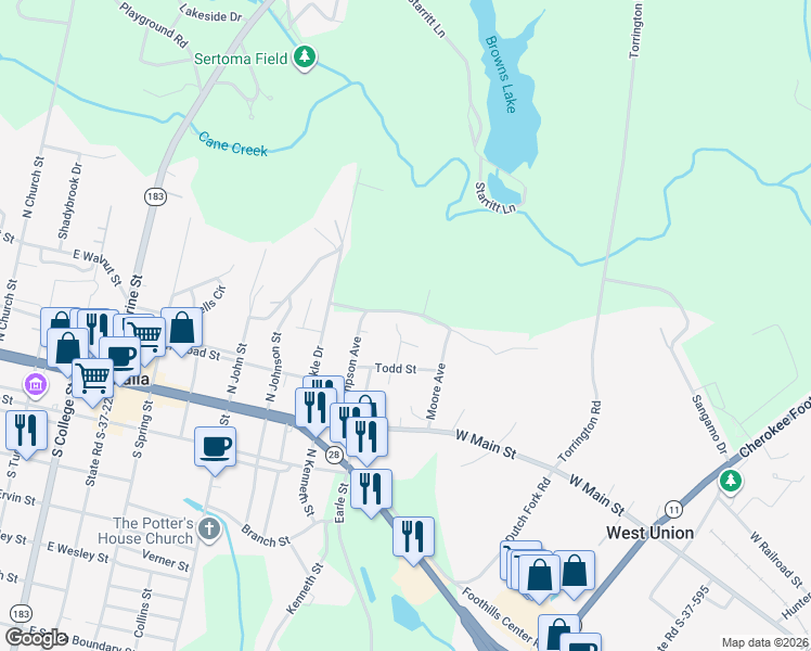 map of restaurants, bars, coffee shops, grocery stores, and more near 227 Moore Avenue in Walhalla