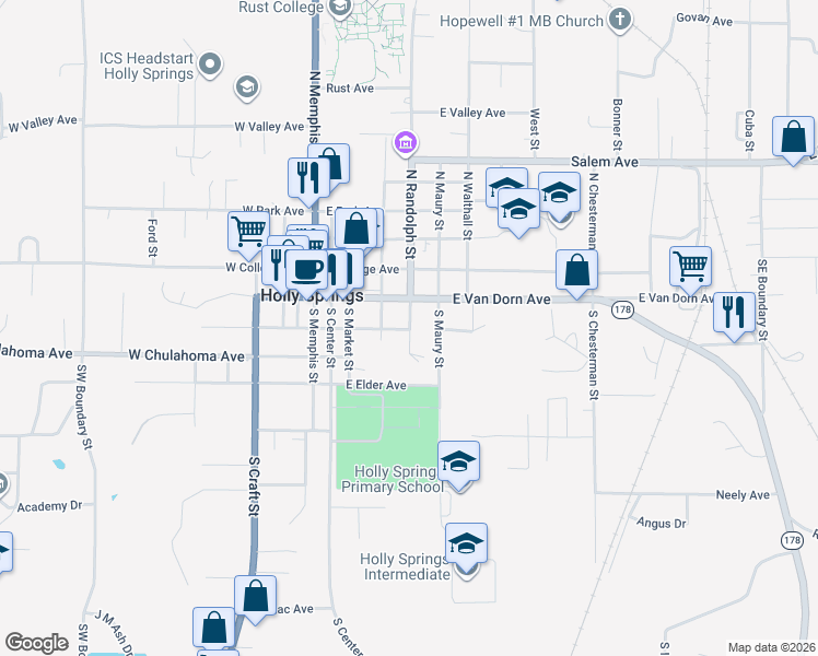 map of restaurants, bars, coffee shops, grocery stores, and more near 172 South Randolph Street in Holly Springs