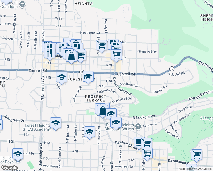 map of restaurants, bars, coffee shops, grocery stores, and more near 1600 Blair Street in Little Rock