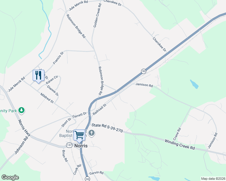 map of restaurants, bars, coffee shops, grocery stores, and more near 108 Howe Street in Norris