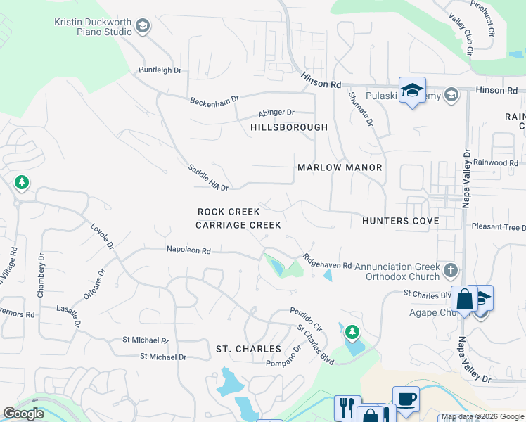map of restaurants, bars, coffee shops, grocery stores, and more near 13215 Hillsborough Lane in Little Rock