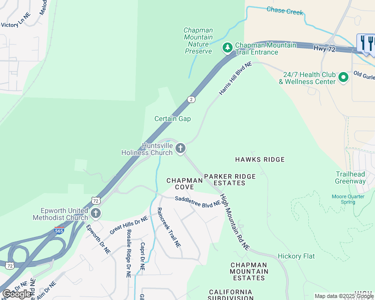 map of restaurants, bars, coffee shops, grocery stores, and more near 4250 High Mountain Road Northeast in Huntsville