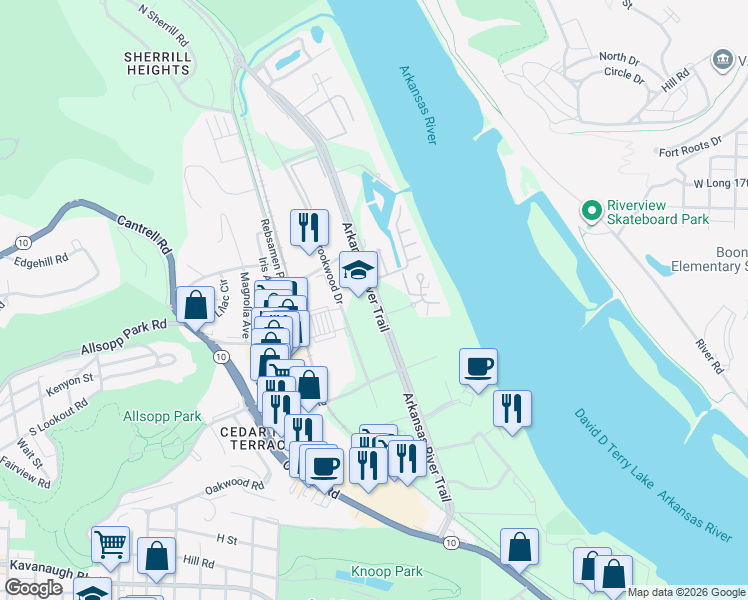 map of restaurants, bars, coffee shops, grocery stores, and more near 1700 Riverfront Drive in Little Rock