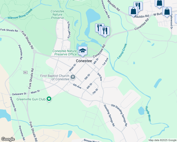 map of restaurants, bars, coffee shops, grocery stores, and more near 115 3rd Avenue in Greenville