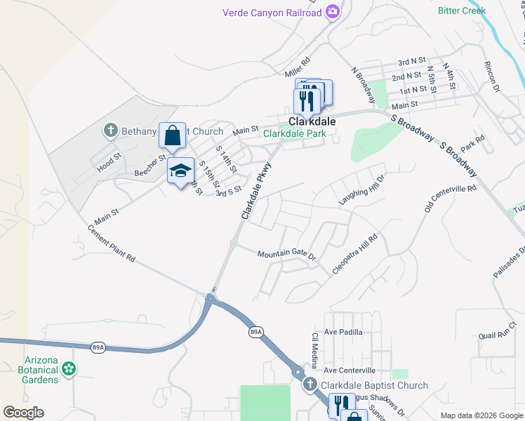 map of restaurants, bars, coffee shops, grocery stores, and more near 786 Flat Iron Road in Clarkdale