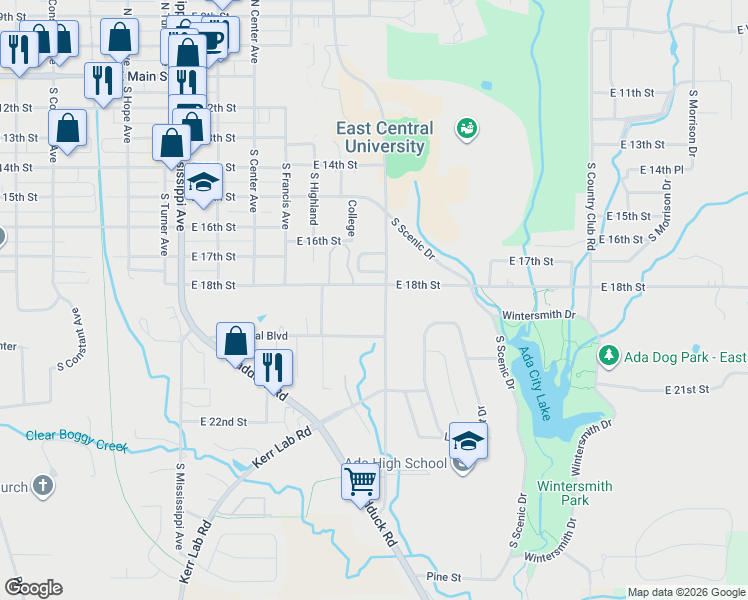 map of restaurants, bars, coffee shops, grocery stores, and more near 801 South Stadium Drive in Ada