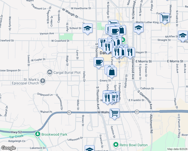 map of restaurants, bars, coffee shops, grocery stores, and more near 506 South Thornton Avenue in Dalton