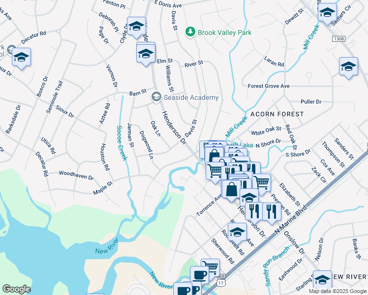 map of restaurants, bars, coffee shops, grocery stores, and more near 407 Henderson Drive in Jacksonville