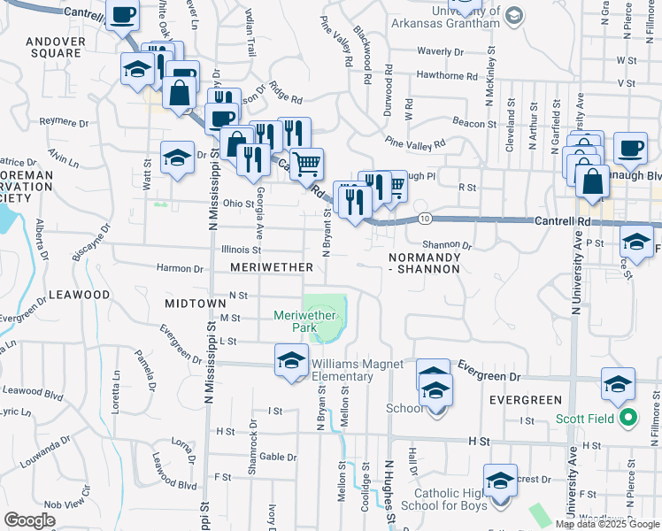 map of restaurants, bars, coffee shops, grocery stores, and more near 1601 North Bryant Street in Little Rock