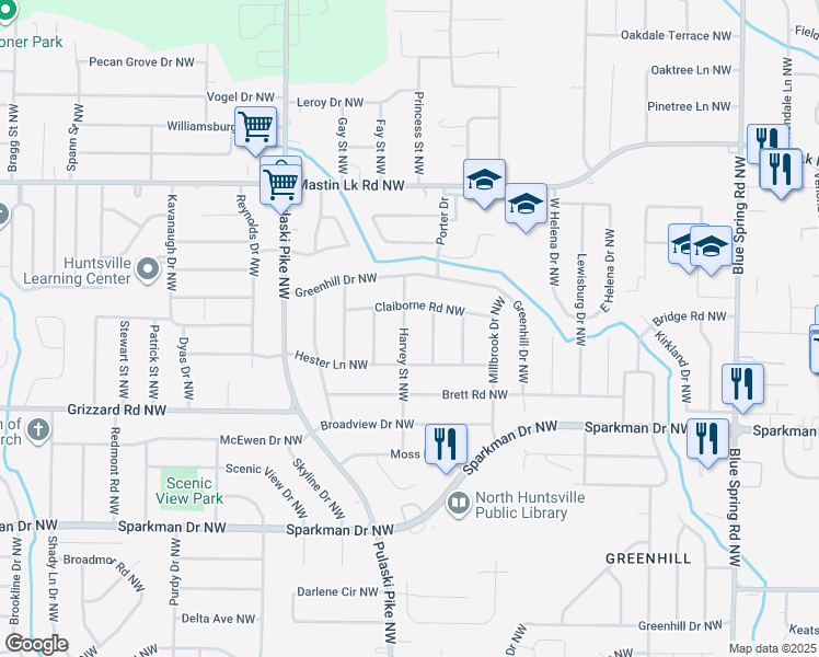 map of restaurants, bars, coffee shops, grocery stores, and more near 3212 Harvey Street Northwest in Huntsville
