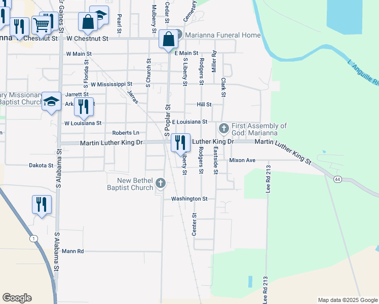 map of restaurants, bars, coffee shops, grocery stores, and more near 249 South Liberty Street in Marianna