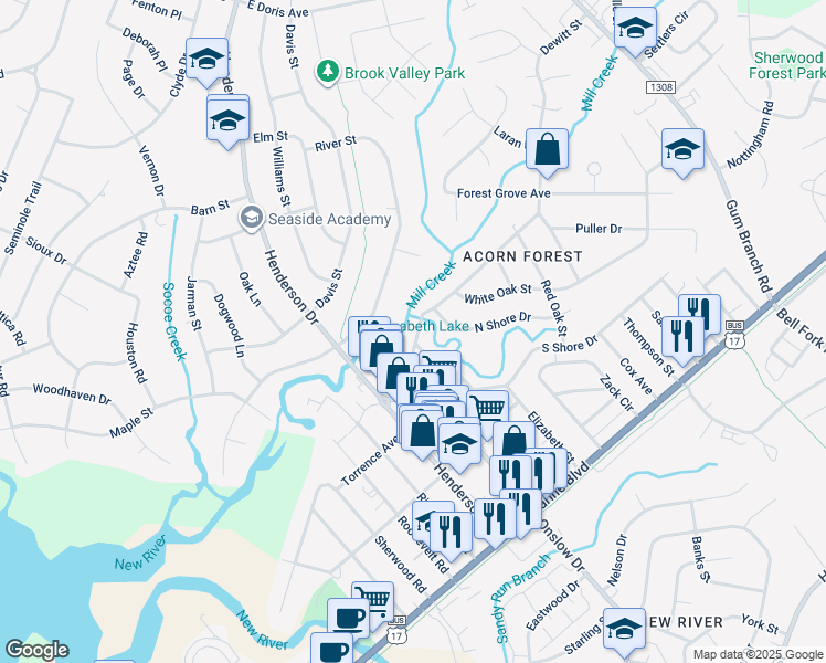 map of restaurants, bars, coffee shops, grocery stores, and more near 7 Dewitt Street in Jacksonville