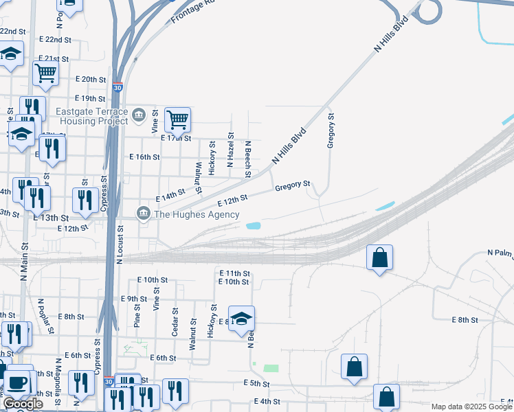 map of restaurants, bars, coffee shops, grocery stores, and more near 1100 East 12th Street in North Little Rock