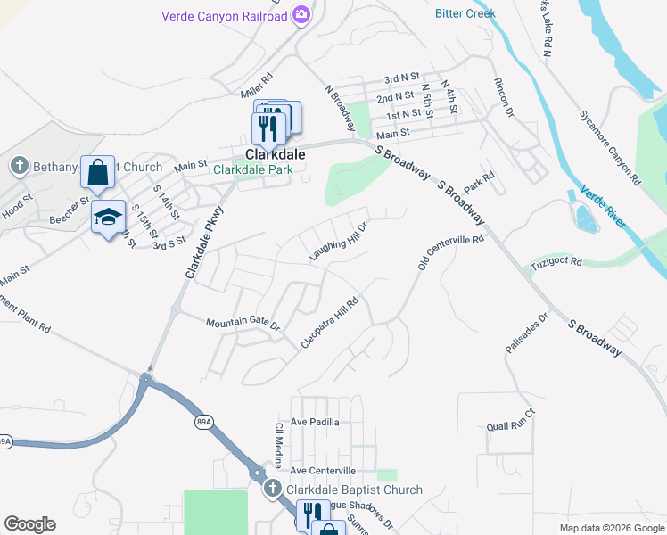 map of restaurants, bars, coffee shops, grocery stores, and more near 424 McKinnon Road in Clarkdale